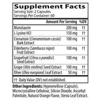 Supplement facts label with various ingredients and their amounts per serving.