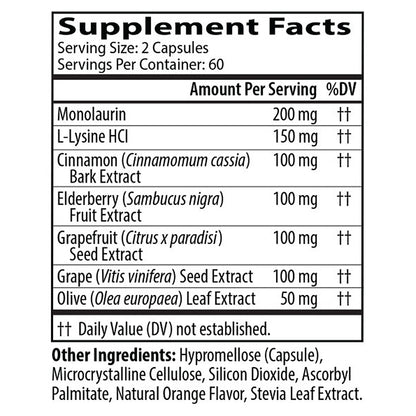 Supplement facts label with various ingredients and their amounts per serving.
