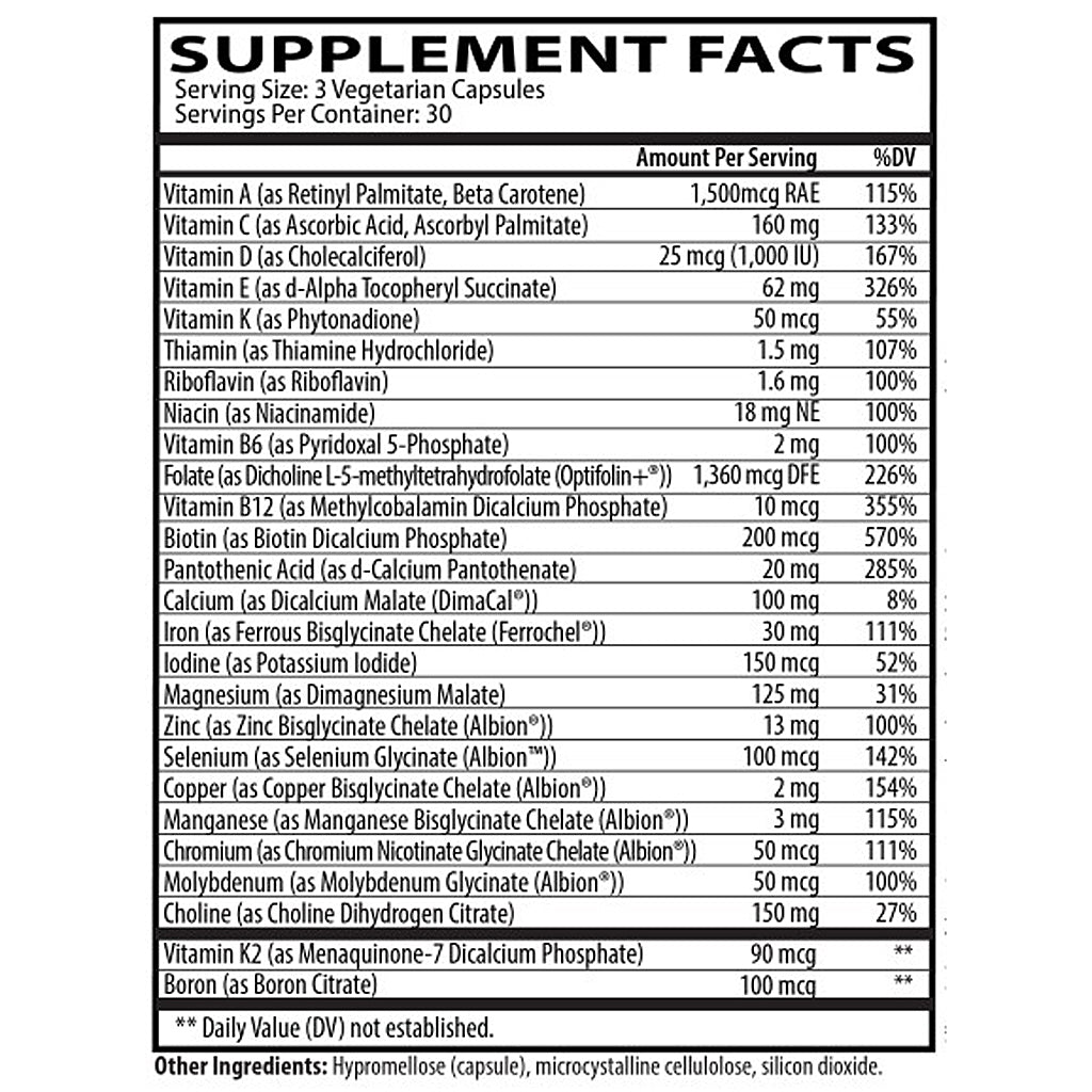 Supplement facts label with detailed nutritional information on a white background