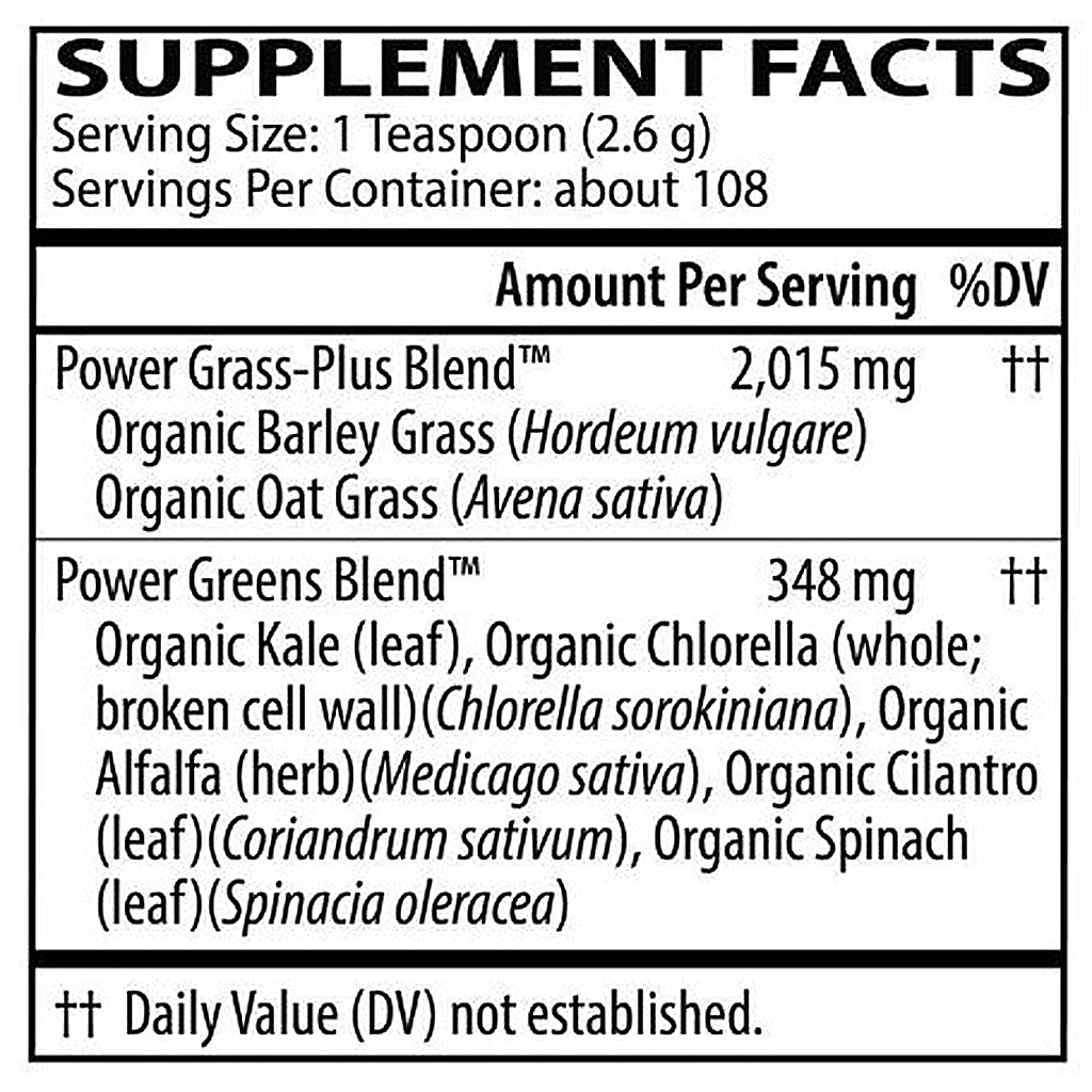 Supplement facts label for a product with Power Grass-Plus Blend and Power Greens Blend.