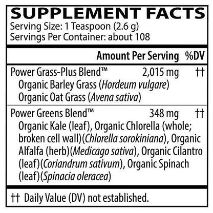 Supplement facts label for a product with Power Grass-Plus Blend and Power Greens Blend.