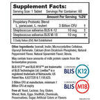 Supplement facts label with proprietary probiotic blend details on a white background