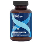 A bottle of Neuro Biologix Toxin Cleanse dietary supplement, featuring a dark amber brown bottle with a black cap and a blue label with light blue accents.