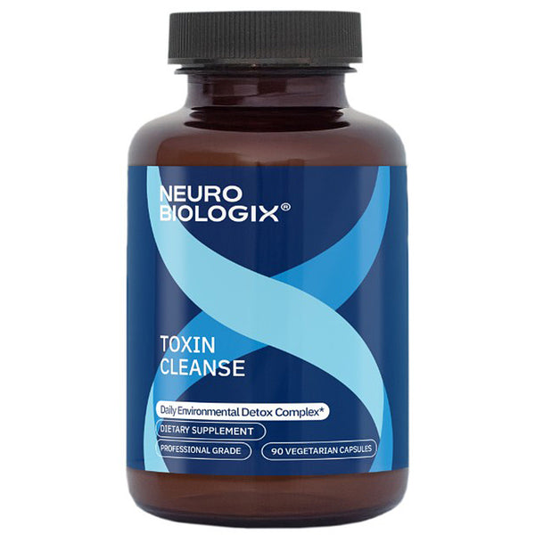 A bottle of Neuro Biologix Toxin Cleanse dietary supplement, featuring a dark amber brown bottle with a black cap and a blue label with light blue accents.