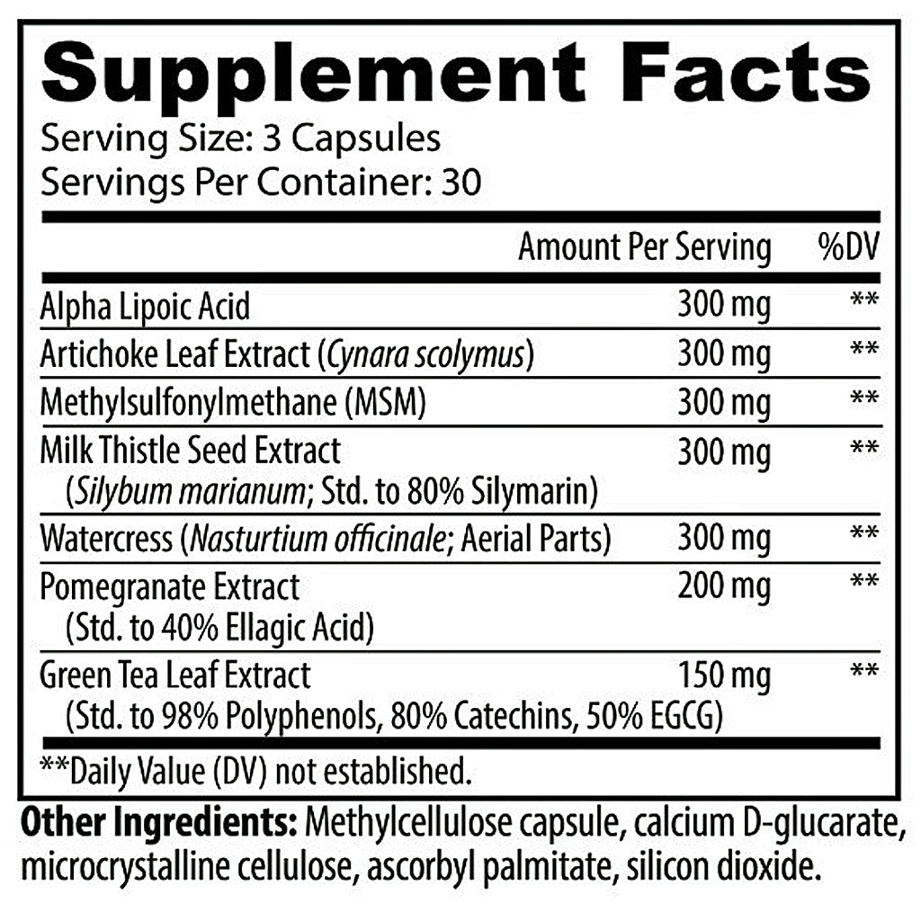 A black-and-white supplement facts label showing a list of ingredients and serving information, including Alpha Lipoic Acid, Artichoke Leaf Extract, MSM, Milk Thistle Seed Extract, Watercress, Pomegranate Extract, and Green Tea Leaf Extract.