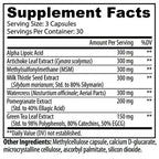 A black-and-white supplement facts label showing a list of ingredients and serving information, including Alpha Lipoic Acid, Artichoke Leaf Extract, MSM, Milk Thistle Seed Extract, Watercress, Pomegranate Extract, and Green Tea Leaf Extract.