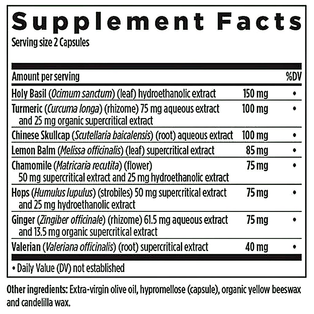 A black and white Supplement Facts label showing a list of herbal ingredients with their respective daily values (DV) and amounts per serving, including Holy Basil, Turmeric, Chinese Skullcap, Chamomile, Hops, Ginger, and Valerian.