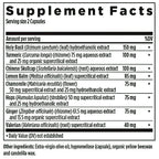 A black and white Supplement Facts label showing a list of herbal ingredients with their respective daily values (DV) and amounts per serving, including Holy Basil, Turmeric, Chinese Skullcap, Chamomile, Hops, Ginger, and Valerian.