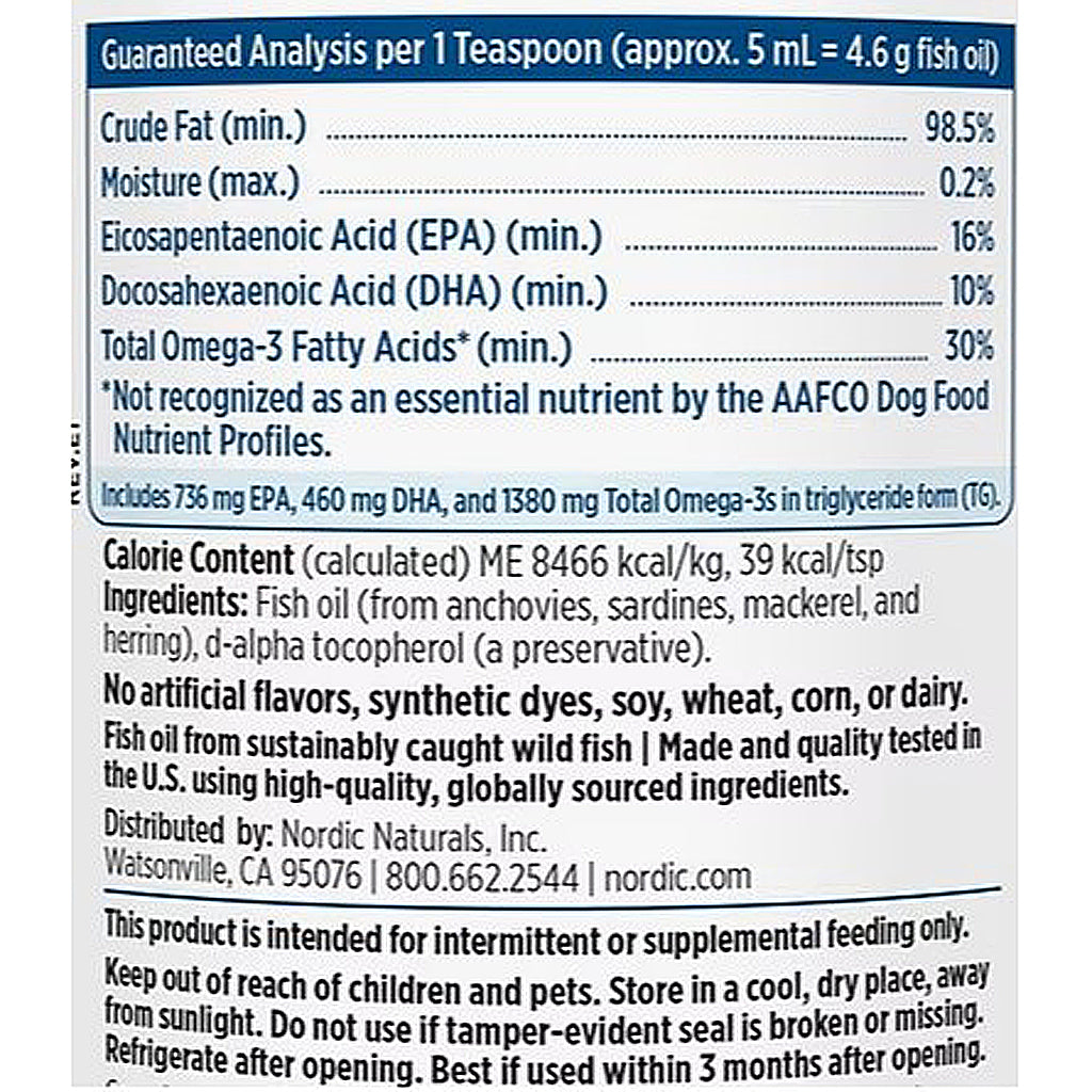 Nutritional label for a fish oil supplement with details on omega-3 fatty acids and usage instructions.