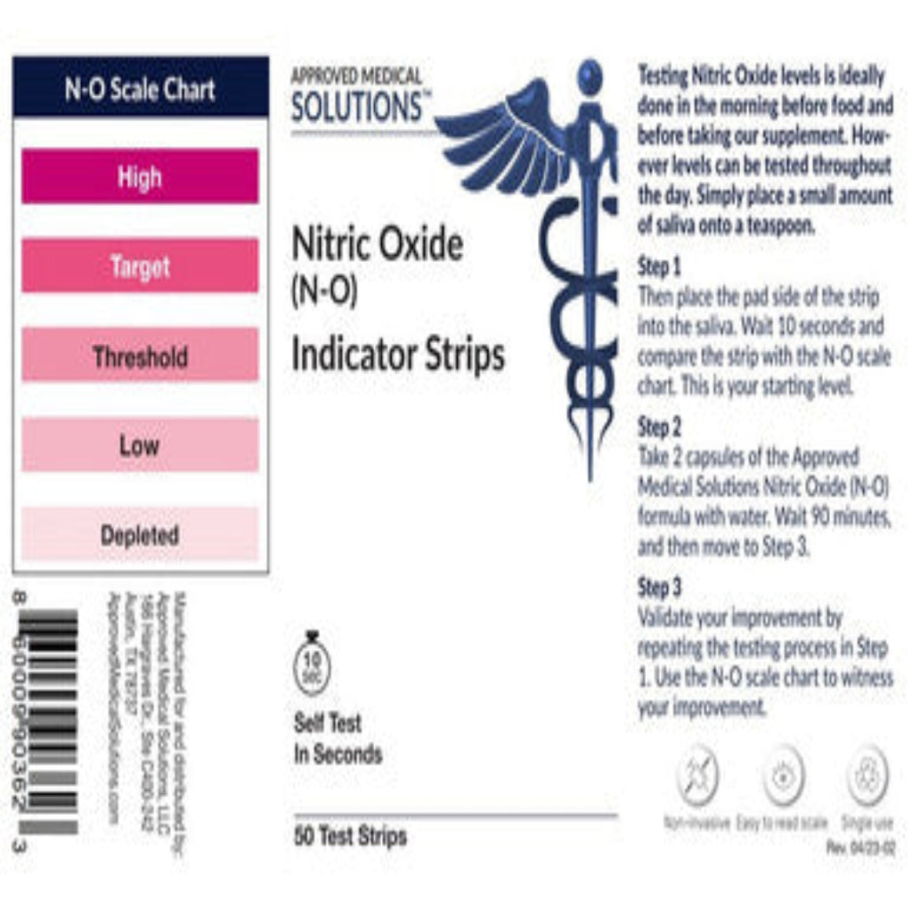 Nitric Oxide Indicator strips, test nitric oxide levels color chart, easy use, Approved Medical Solutions, saliva test
