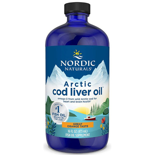 Bottle of Nordic Naturals Arctic cod liver oil on a white background