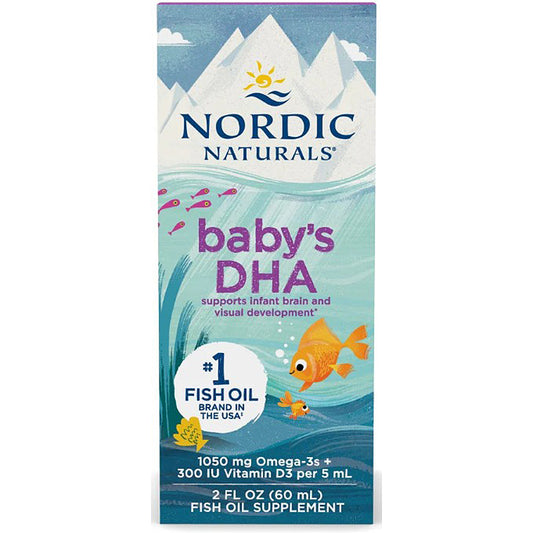 Nordic Naturals baby's DHA fish oil supplement packaging with mountain and fish design.