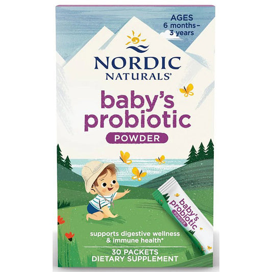 Nordic Naturals baby's probiotic powder packaging with a child and nature design.