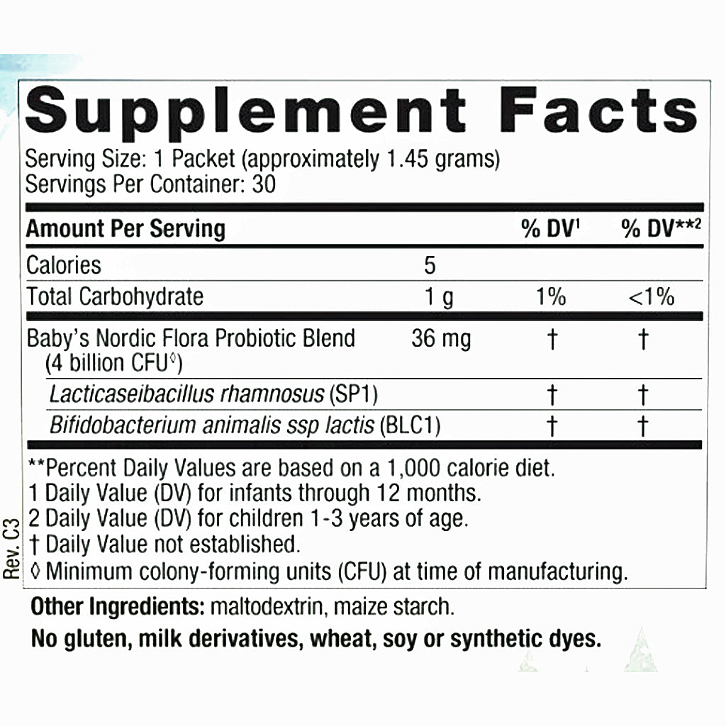 Supplement facts label for a baby's probiotic blend with serving size, servings per container, and nutritional information.