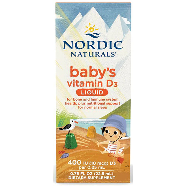 Nordic Naturals baby's vitamin D3 liquid supplement packaging with a beach scene illustration.