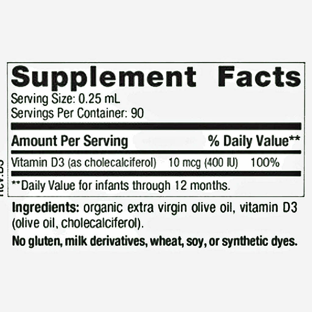 Supplement facts label with vitamin D3 content and ingredients on a white background