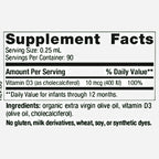 Supplement facts label with vitamin D3 content and ingredients on a white background