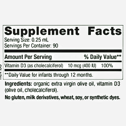 Supplement facts label with vitamin D3 content and ingredients on a white background