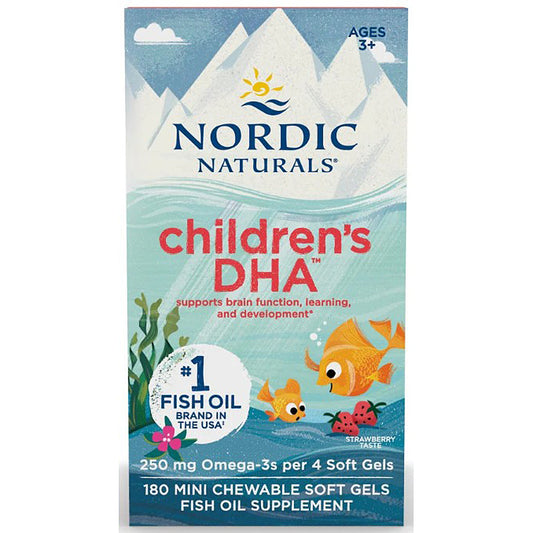 Nordic Naturals Children's DHA supplement packaging with cartoon fish and mountain design.