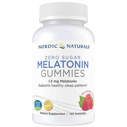 Bottle of Nordic Naturals Melatonin Gummies on a white background
