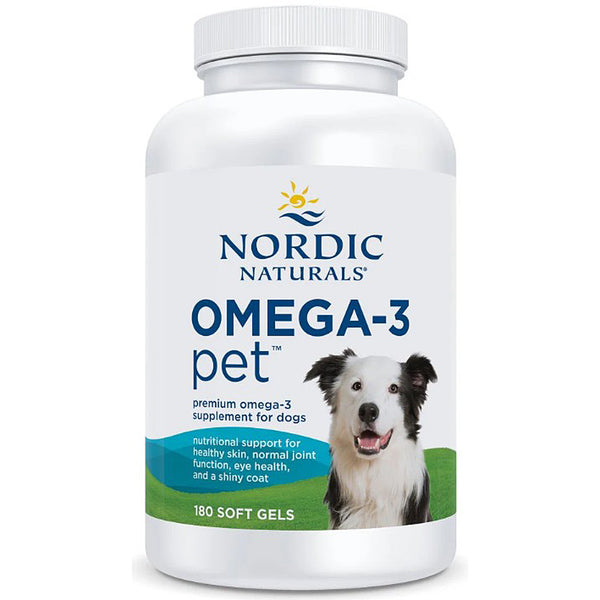Nordic Naturals Omega-3 pet supplement bottle with a dog on the label against a white background