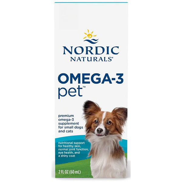 Nordic Naturals Omega-3 Pet supplement packaging with a dog illustration on a white background