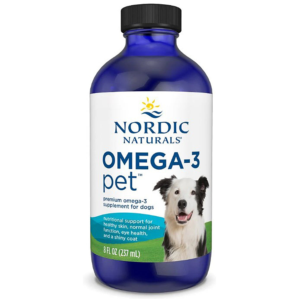 Bottle of Nordic Naturals Omega-3 Pet supplement for dogs on a white background