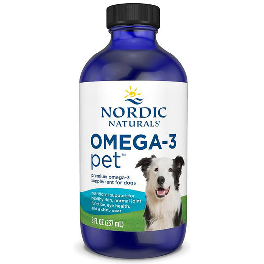 Bottle of Nordic Naturals Omega-3 Pet supplement for dogs on a white background