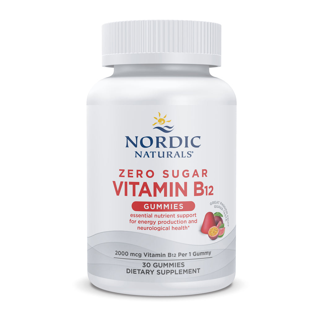 Bottle of Nordic Naturals Zero Sugar Vitamin B12 Gummies on a white background