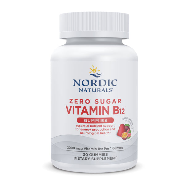 Bottle of Nordic Naturals Zero Sugar Vitamin B12 Gummies on a white background
