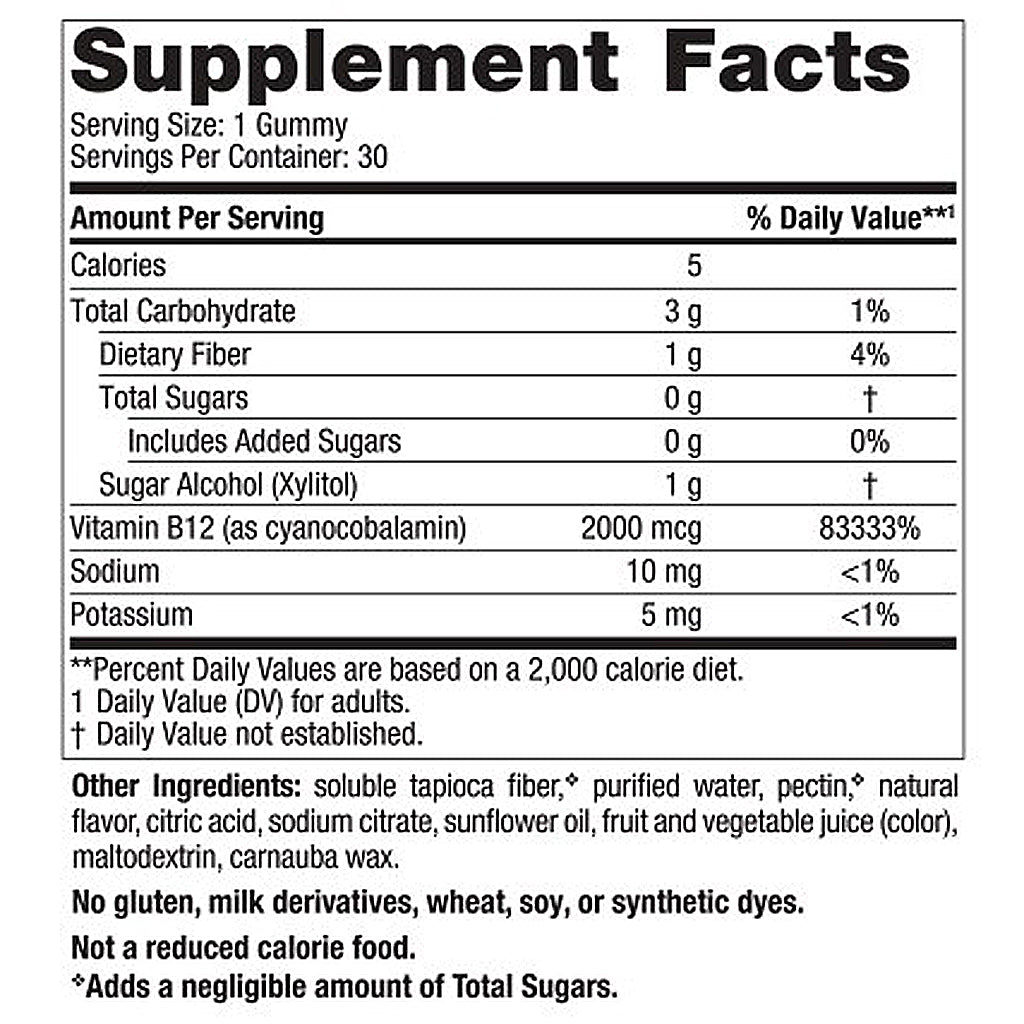 Supplement facts label for gummy vitamins with nutritional information.