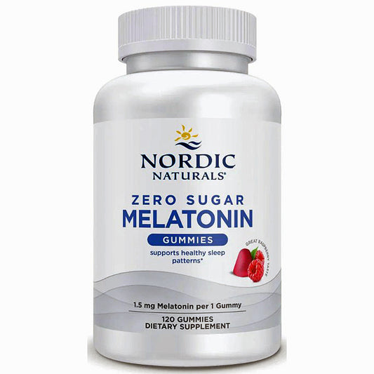Nordic Naturals Zero Sugar Melatonin Gummies bottle, 120 count, on a clean white background.