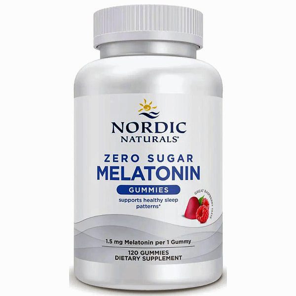 Nordic Naturals Zero Sugar Melatonin Gummies bottle, 120 count, on a clean white background.