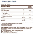 A supplement facts label with a serving size of 1 gummy and a detailed nutrition table listing calories, carbohydrates, sugars, sodium, potassium, and melatonin daily values.