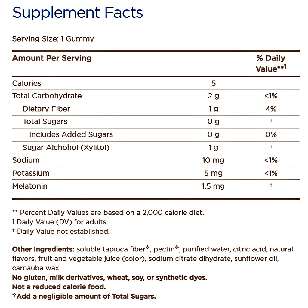A supplement facts label with a serving size of 1 gummy and a detailed nutrition table listing calories, carbohydrates, sugars, sodium, potassium, and melatonin daily values.