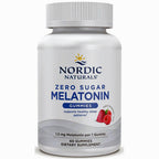 A white bottle of Nordic Naturals Zero Sugar Melatonin Gummies on a clean white background.