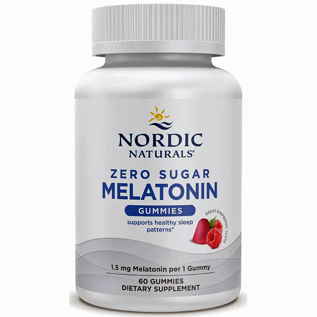 A white bottle of Nordic Naturals Zero Sugar Melatonin Gummies on a clean white background.