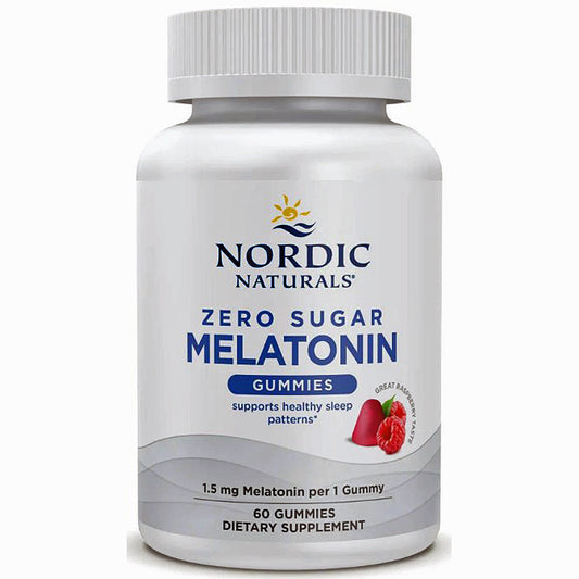A white bottle of Nordic Naturals Zero Sugar Melatonin Gummies on a clean white background.