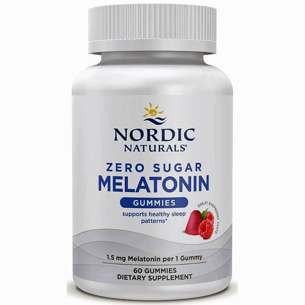 A white bottle of Nordic Naturals Zero Sugar Melatonin Gummies on a clean white background.