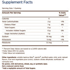 A supplement facts label with a serving size of 1 gummy and a detailed nutrition table listing calories, carbohydrates, sugars, sodium, potassium, and melatonin daily values.