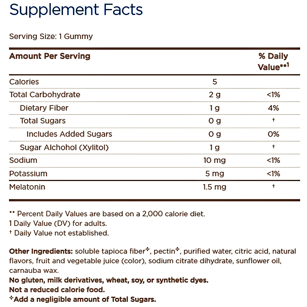 A supplement facts label with a serving size of 1 gummy and a detailed nutrition table listing calories, carbohydrates, sugars, sodium, potassium, and melatonin daily values.