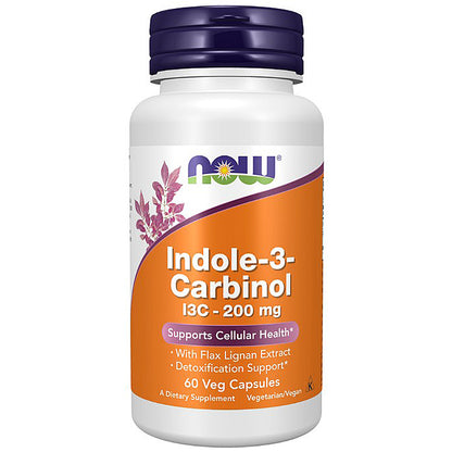 Supplement bottle labeled 'Indole-3-Carbinol' with Now brand on a white background