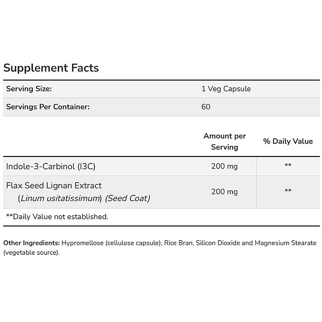 Supplement facts table for a product with Indole-3-Carbinol and Flax Seed Lignan Extract on a white background.