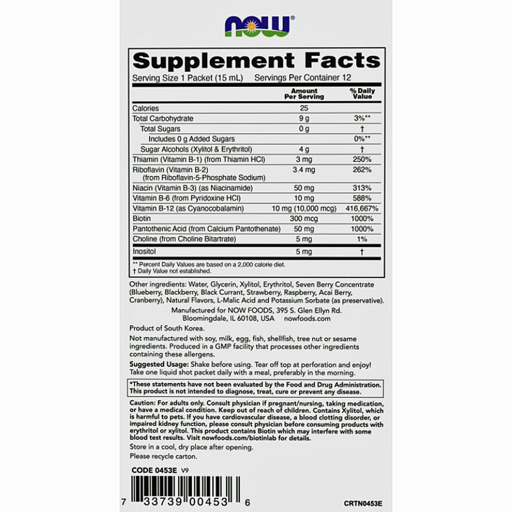 A supplement facts label from NOW Foods showing serving size, calories, nutrients, and usage suggestions on a white background.