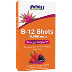 A box of NOW B-12 Shots 10,000 mcg dietary supplement, featuring an orange and white design with a berry illustration on the front, set against a plain white background.