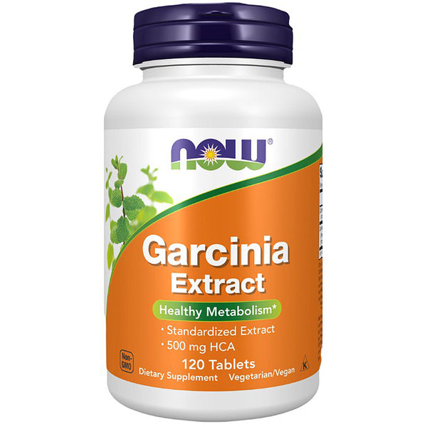 A white bottle of NOW Garcinia Extract dietary supplement with a dark purple cap and an orange label, containing 120 tablets.