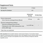 A supplement facts table for Garcinia cambogia extract, showing serving size of 1 tablet, 120 servings per container, and listed nutrients including Calcium (elemental) at 170 mg and Garcinia cambogia Extract Blend at 1 g (1000 mg).