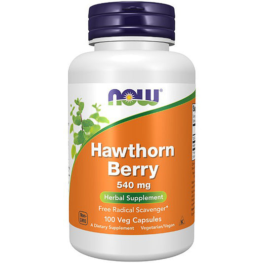 A white bottle of NOW Foods Hawthorn Berry 540 mg herbal supplement with a dark purple cap and an orange label, shown on a plain white background.