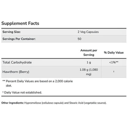 A supplement facts table with text about serving size, servings per container, and amount per serving for total carbohydrate and hawthorn (berry), on a white background.
