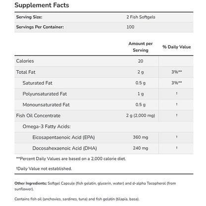 NOW Omega-3 Fish Oil 200 Fish gelatin softgels